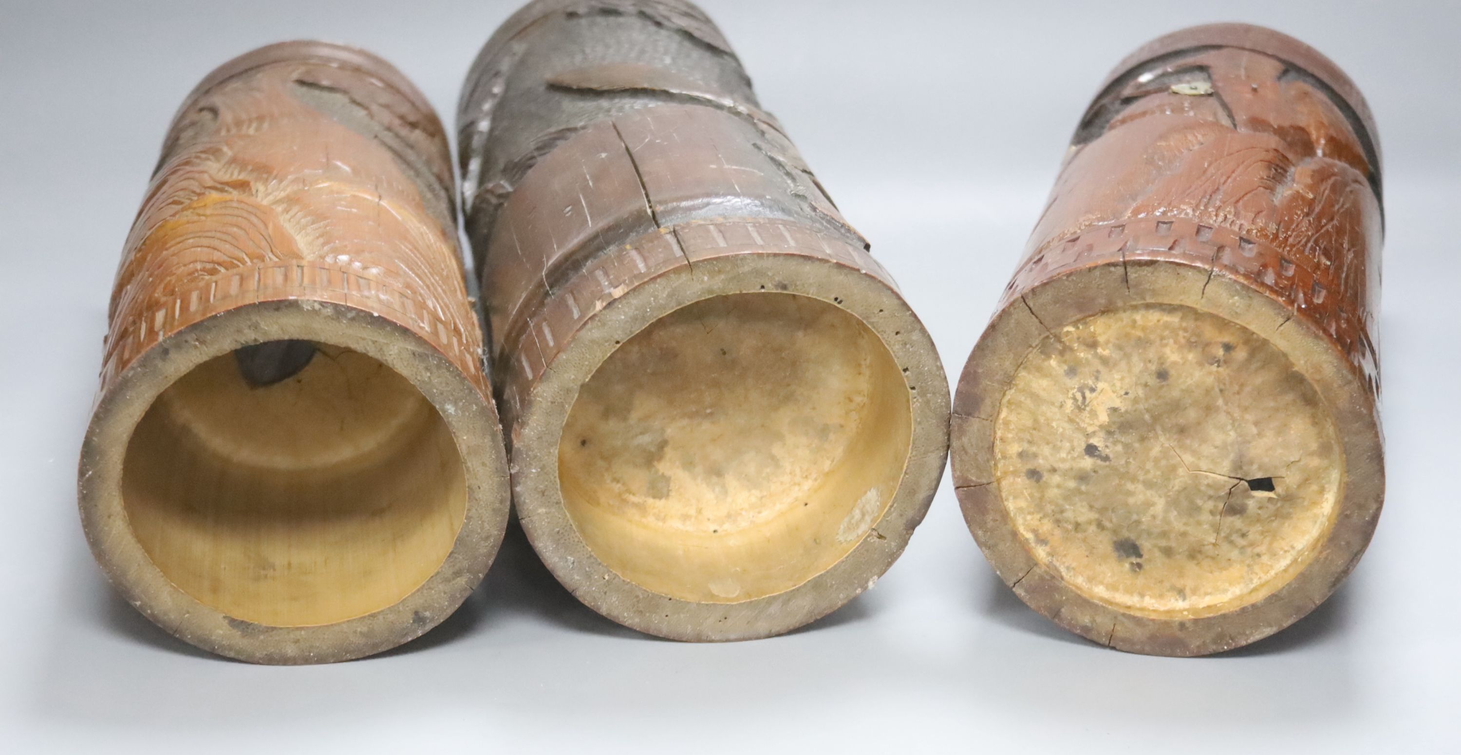 Three Japanese carved bamboo brush pots, 19th/20th century, tallest 40cm